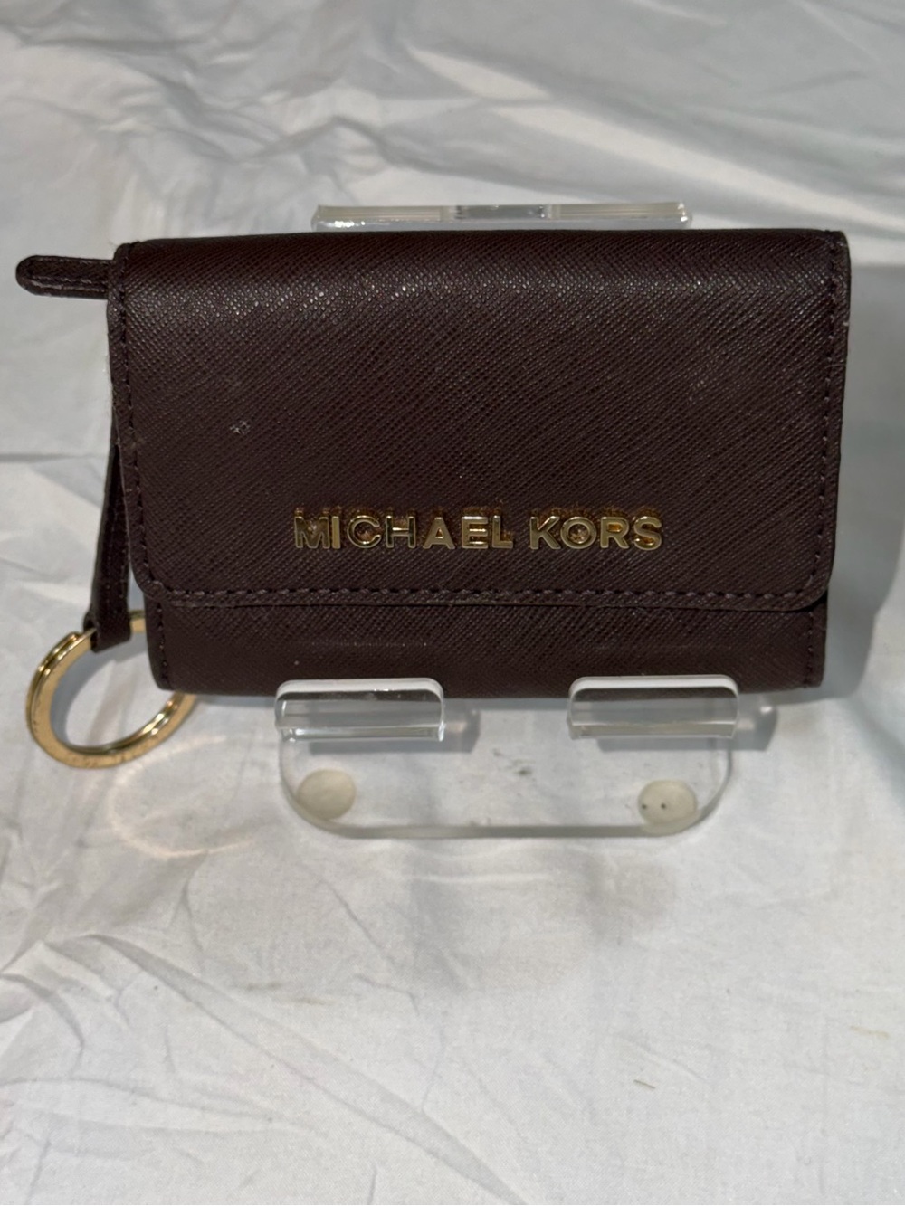 Michael Kors Saffiano Leather Wallet ID Window Key Pouch Brown Jet Set Coin Case